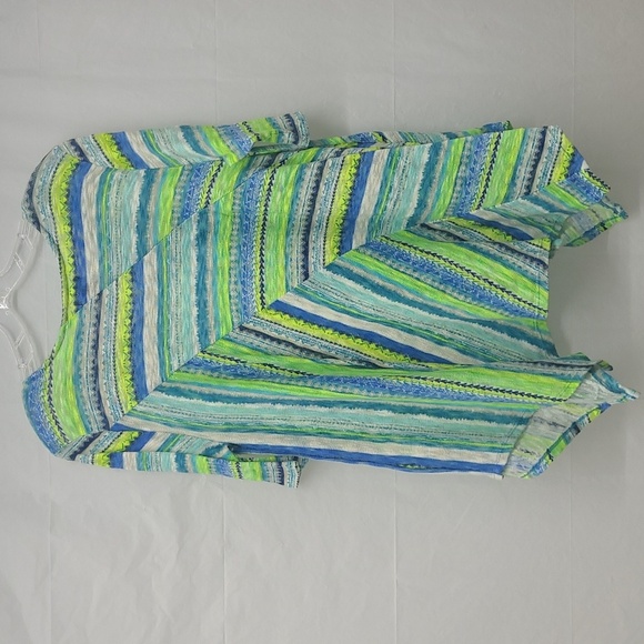 Tunic Top Patchwork Knit Blue Neon Green White Hankercheif Hem Elbow Sleeves - Picture 2 of 9